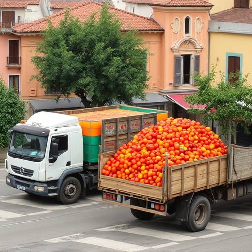 Camiones descargando toneladas de tomates en la plaza de Bu&ntilde;ol