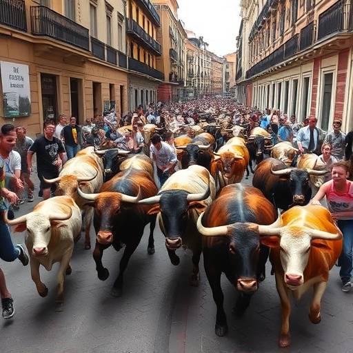 Corredores huyendo de los toros durante el encierro en la calle Estafeta, Pamplona