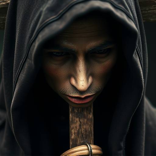 Detalle de un capirote y una cruz de madera portados por un nazareno