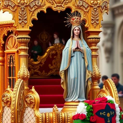 Detalle de un paso con una imagen de la Virgen Mar&iacute;a, ricamente adornada