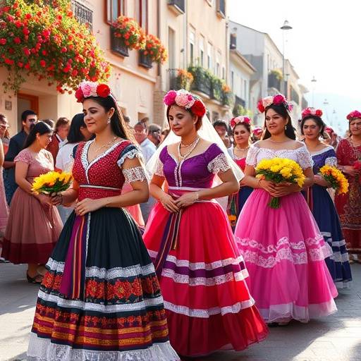Falleras vestidas con trajes tradicionales desfilando durante la ofrenda de flores