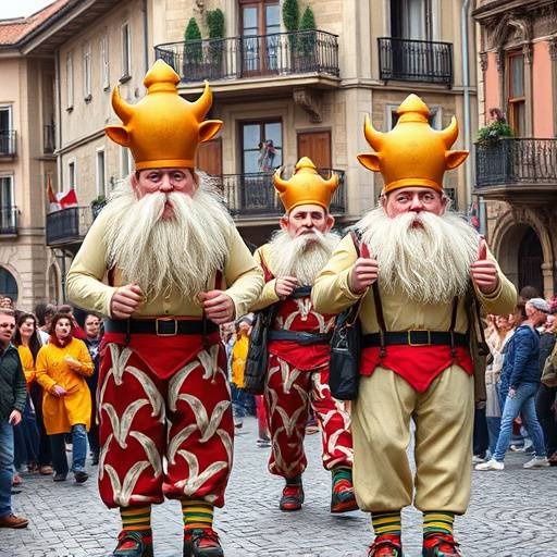Gigantes y cabezudos desfilando por las calles de Pamplona durante las fiestas de San Ferm&iacute;n