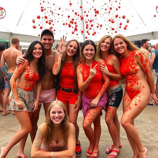 Grupo de amigos posando para una foto cubiertos de tomate