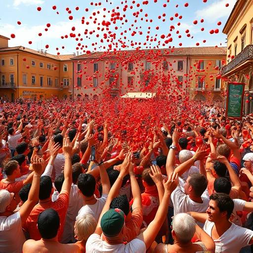 Multitud lanzando tomates al aire en La Tomatina