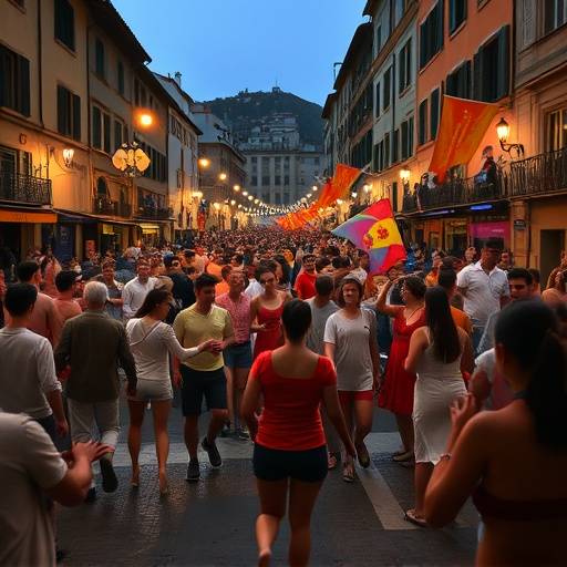 Personas bailando en la calle durante una verbena nocturna en las fiestas de San Ferm&iacute;n