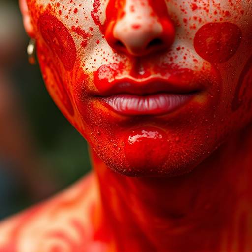Primer plano de una persona cubierta de tomate durante La Tomatina