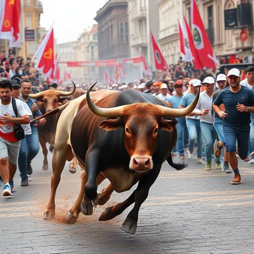 Un corredor siendo corneado por un toro durante el encierro
