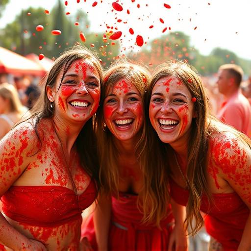 Un grupo de amigos disfrutando de La Tomatina cubiertos de tomate