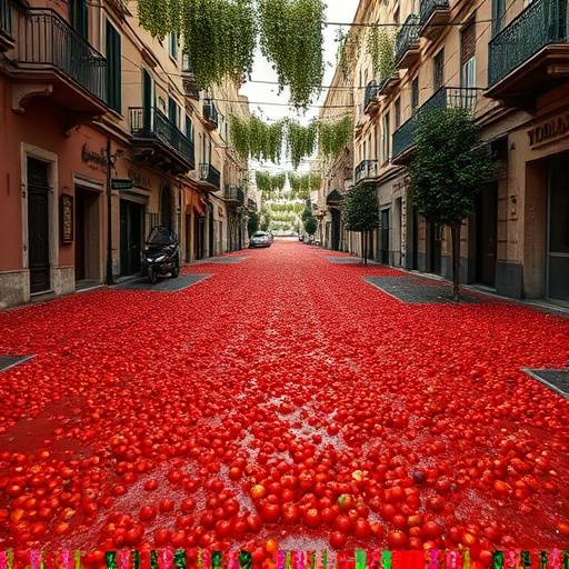Una calle completamente cubierta de pulpa de tomate despu&eacute;s de La Tomatina