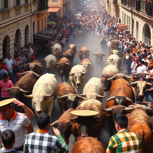 Una imagen de la multitud corriendo delante de los toros en las calles de Pamplona durante los San Fermines.