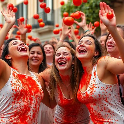Una imagen de participantes riendo y lanzando tomates en La Tomatina de Bu&ntilde;ol.