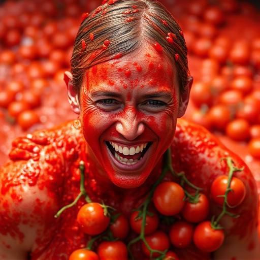 Una imagen de una persona cubierta de tomates disfrutando de la fiesta de La Tomatina.