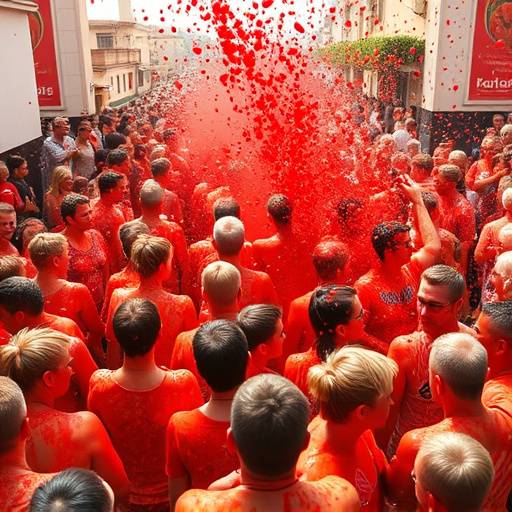Una vista de la multitud en La Tomatina, Bu&ntilde;ol, con todos los participantes cubiertos de jugo de tomate rojo.