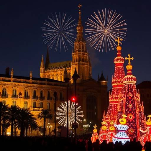 Una vista de las Fallas de Valencia durante la noche, con las figuras de cart&oacute;n piedra iluminadas y un castillo de fuegos artificiales en el cielo.