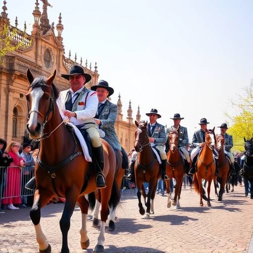 Una vista de un desfile de caballos durante la Feria de Abril en Sevilla.