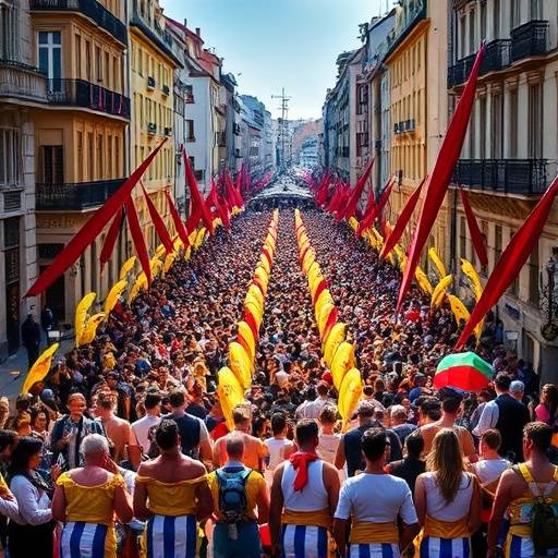 Una vista de una calle llena de gente celebrando durante las fiestas de San Ferm&iacute;n en Pamplona.